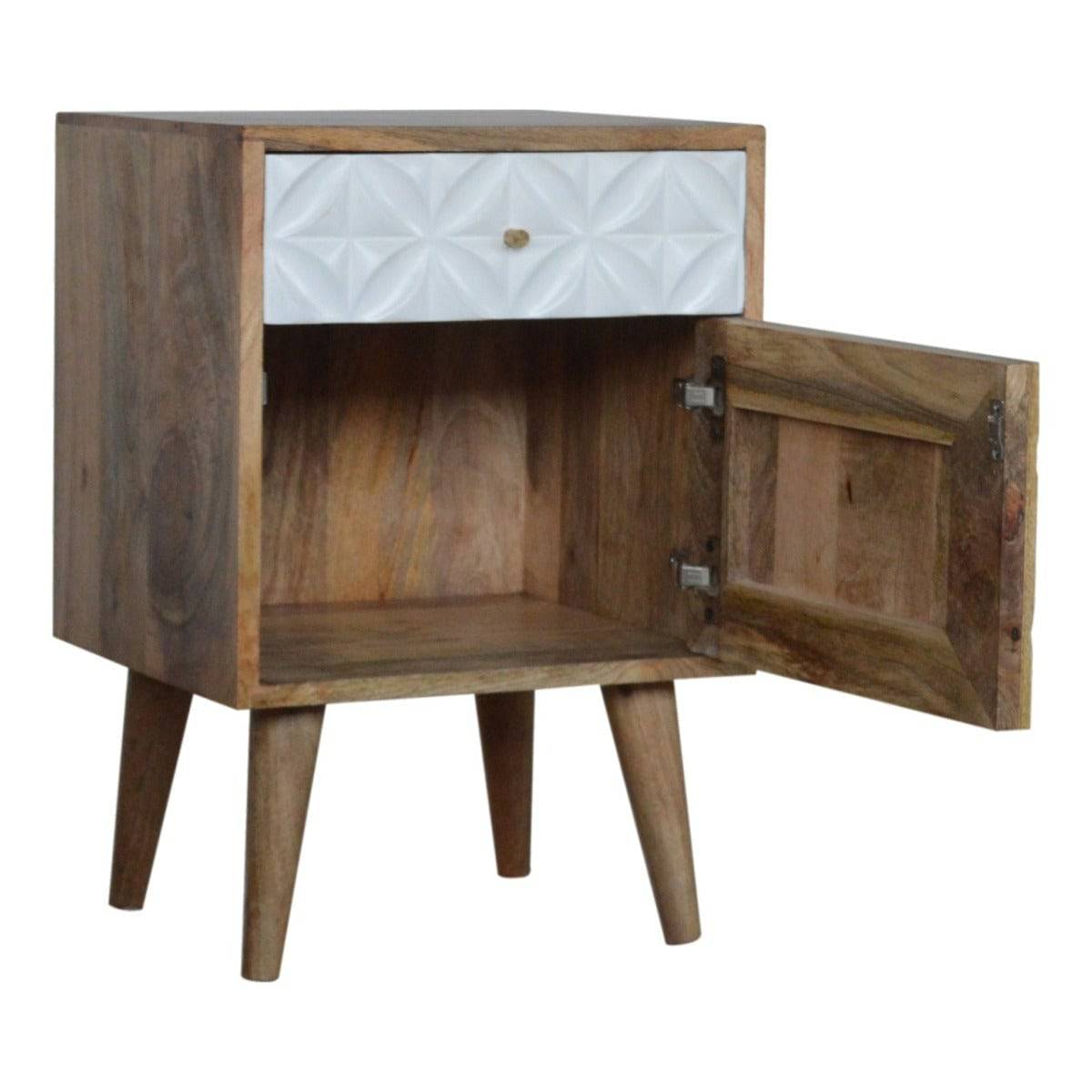 Diamond Carved White 1 Door Bedside Table in Solid Mango Wood - Price Crash Furniture