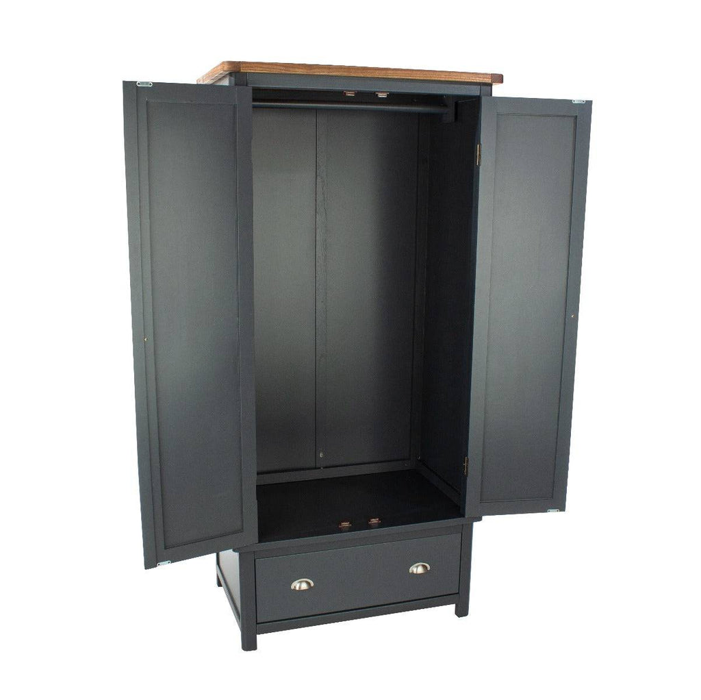 Dunkeld - 2 door, 1 drawer wardrobe in midnight Blue with natural lacquer wood top - Price Crash Furniture