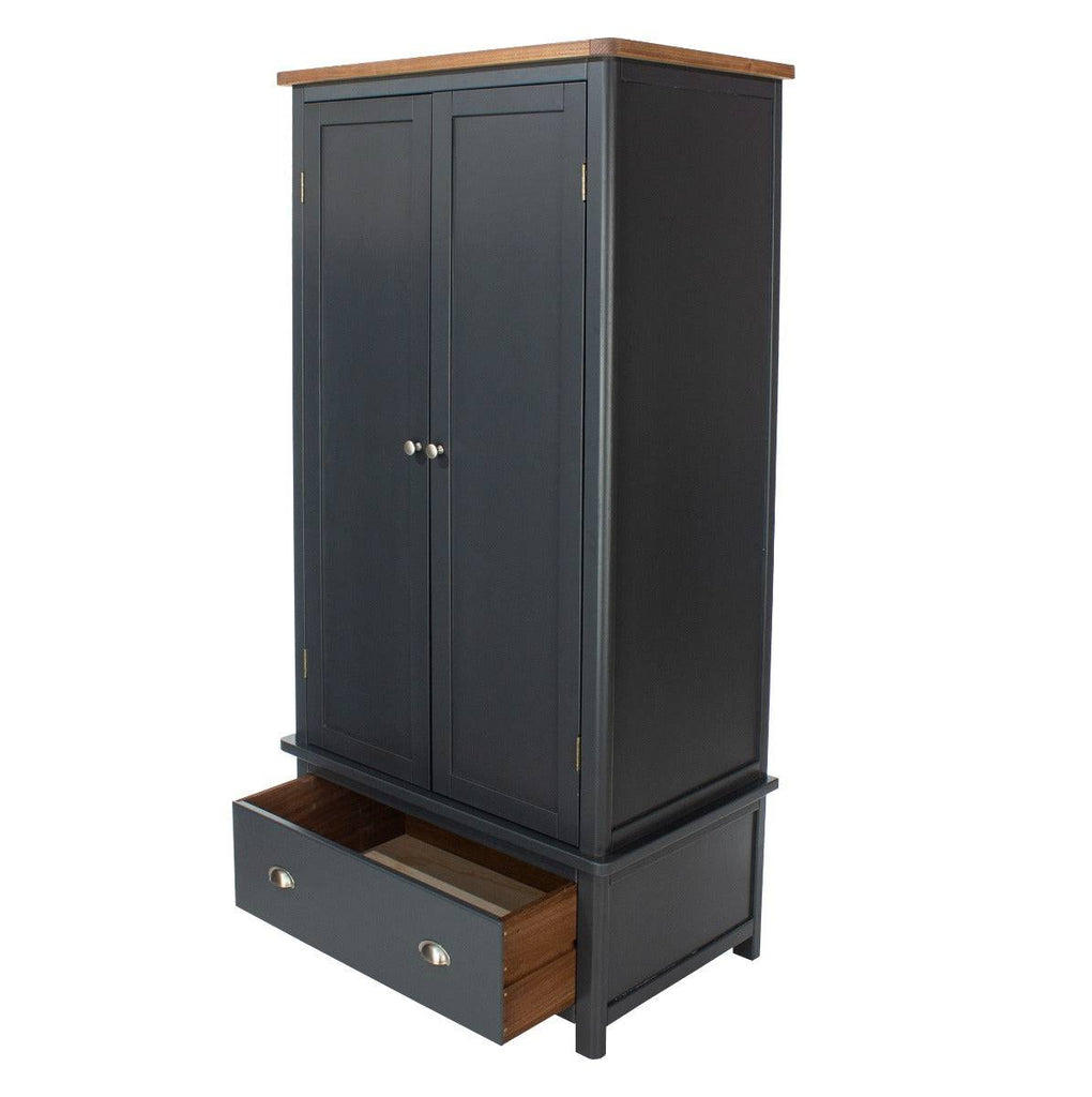 Dunkeld - 2 door, 1 drawer wardrobe in midnight Blue with natural lacquer wood top - Price Crash Furniture
