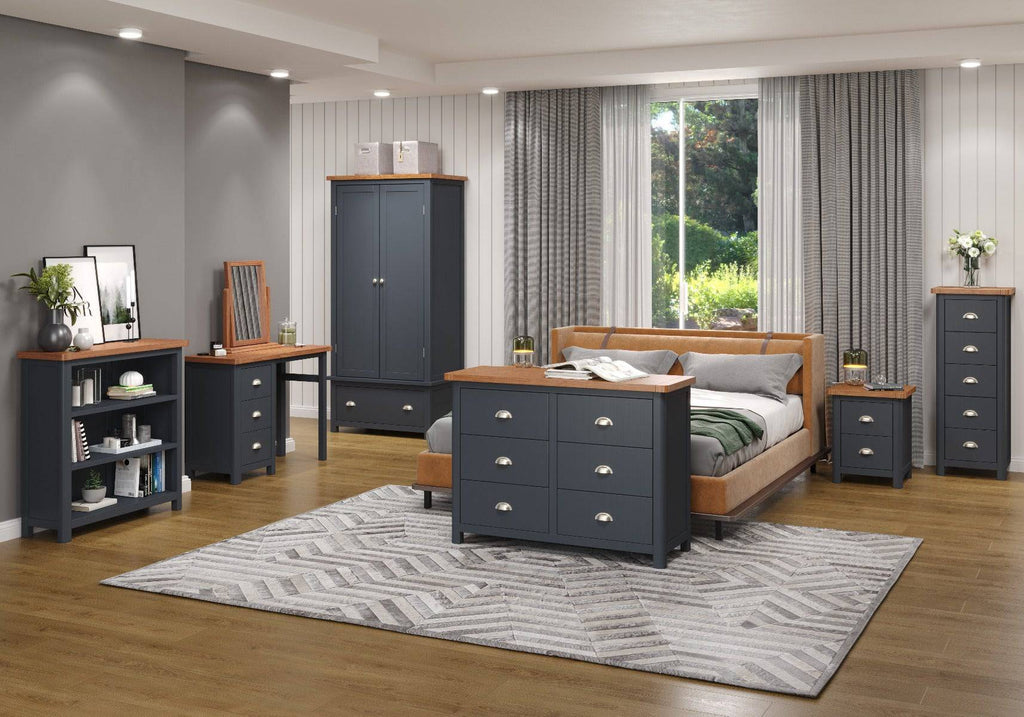 Dunkeld - 2 drawer petite bedside cabinet in midnight Blue with natural lacquer wood top - Price Crash Furniture