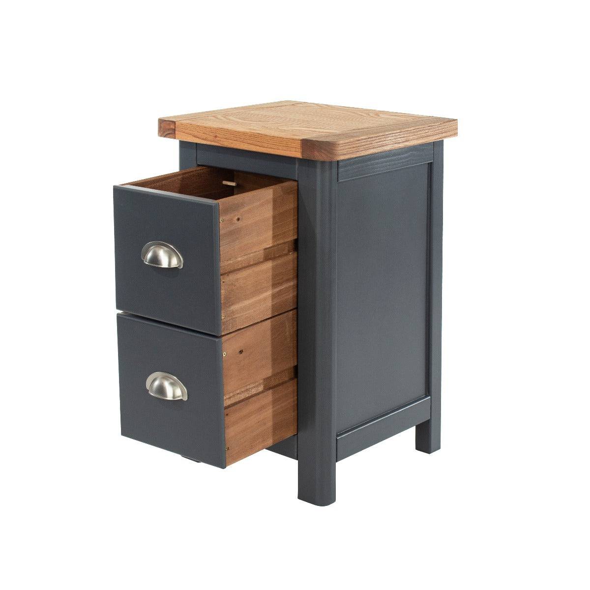 Dunkeld - 2 drawer petite bedside cabinet in midnight Blue with natural lacquer wood top - Price Crash Furniture