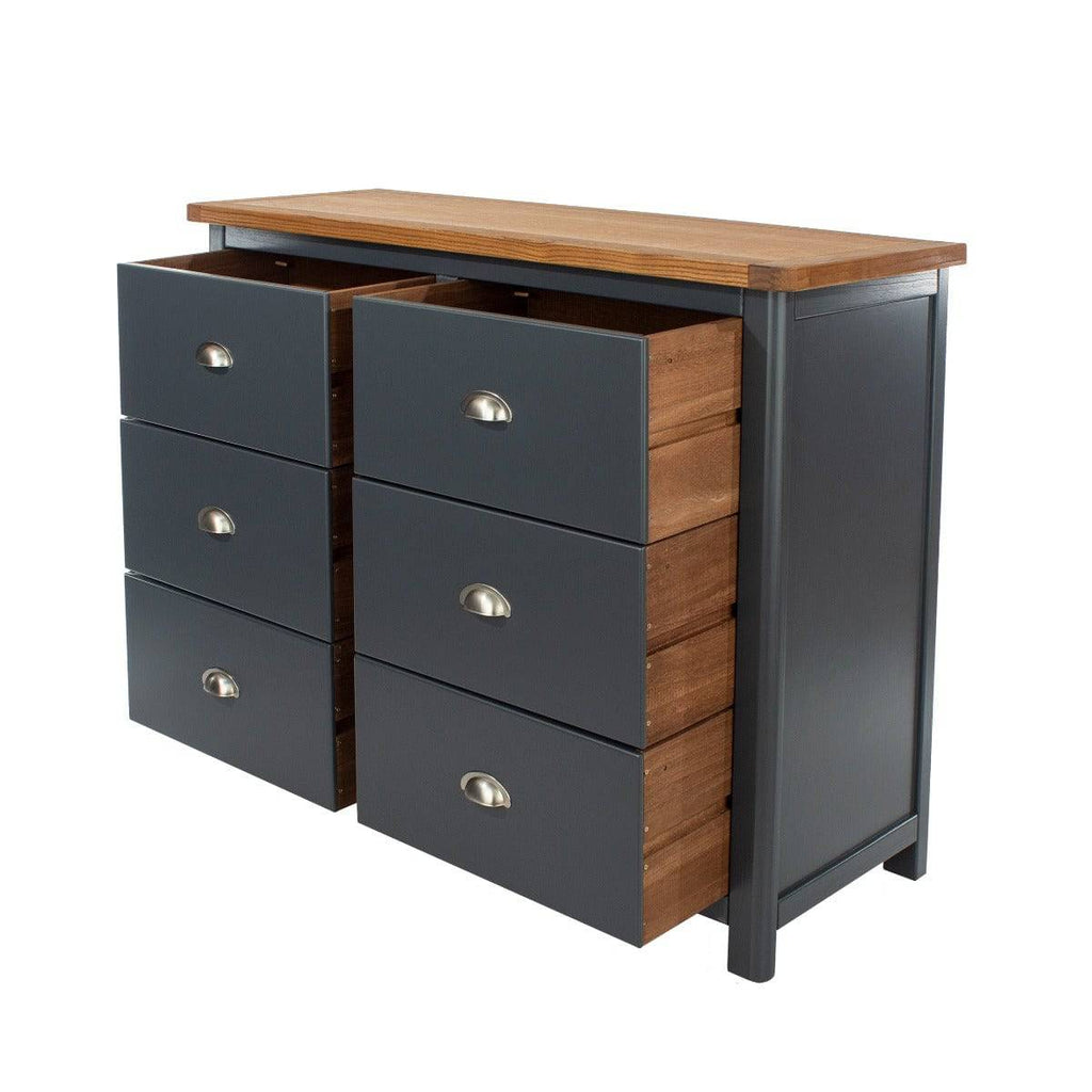 Dunkeld - 3+3 dr wide chest in midnight Blue with natural lacquer wood top - Price Crash Furniture
