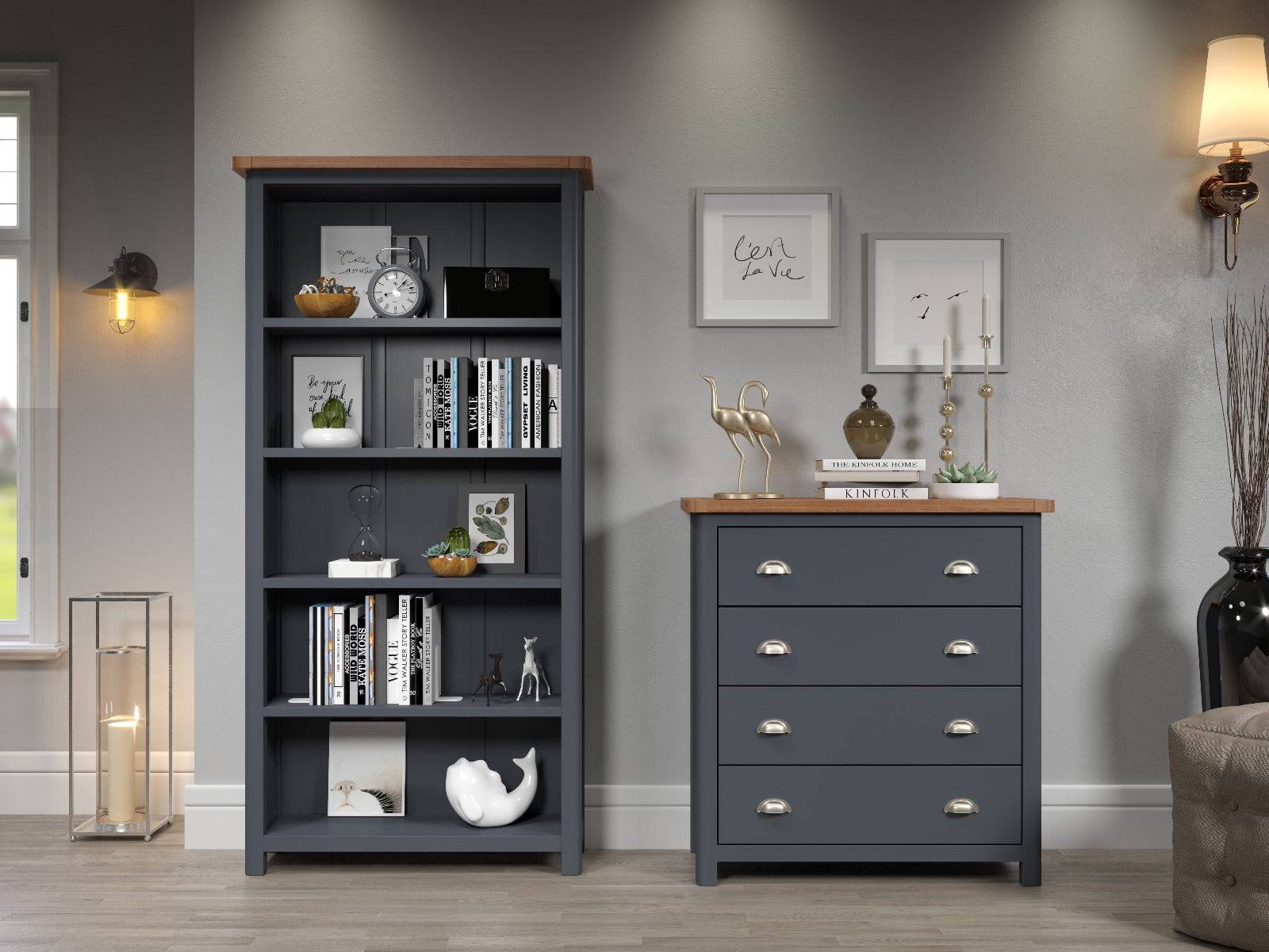 Dunkeld - 5 drawer chest in midnight Blue with natural lacquer wood top - Price Crash Furniture