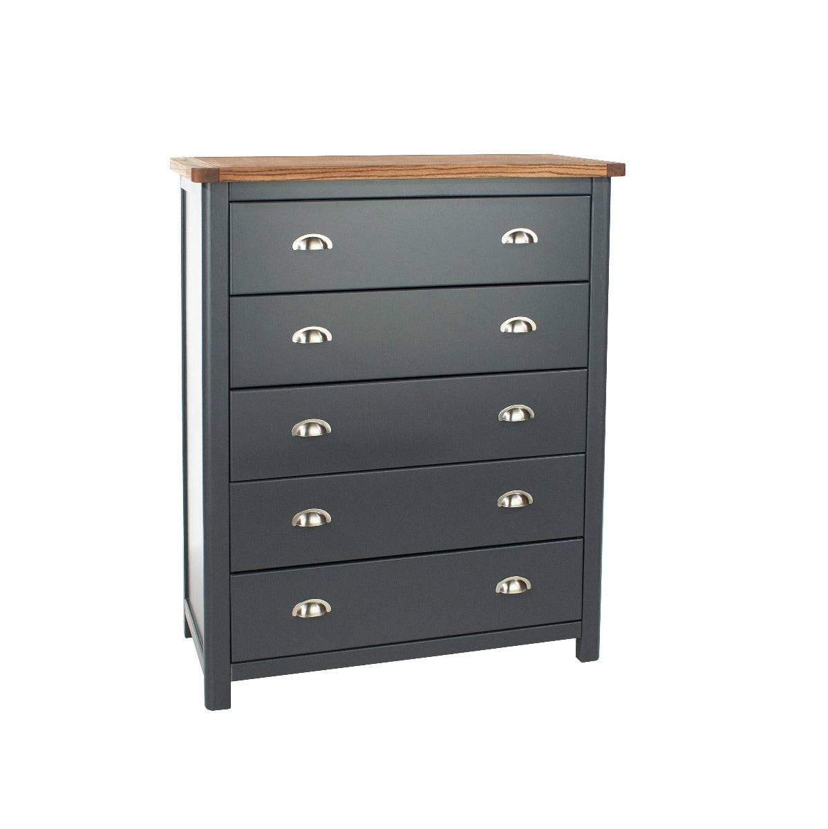 Dunkeld - 5 drawer chest in midnight Blue with natural lacquer wood top - Price Crash Furniture