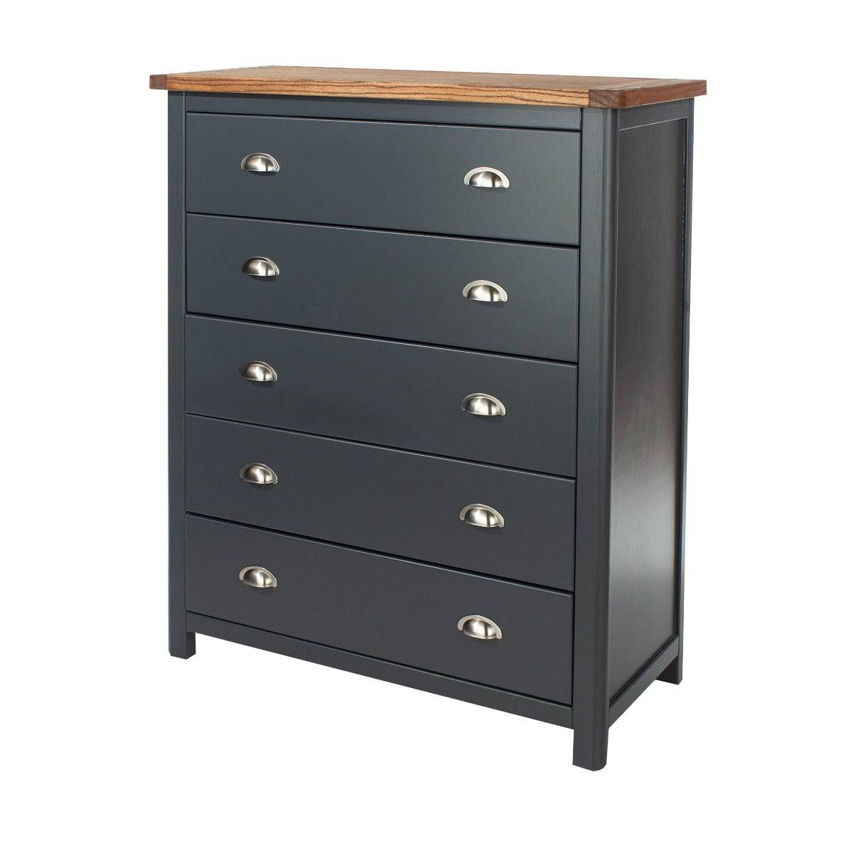 Dunkeld - 5 drawer chest in midnight Blue with natural lacquer wood top - Price Crash Furniture