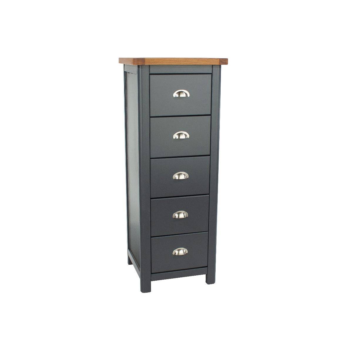 Dunkeld - 5 drawer narrow chest in midnight Blue with natural lacquer wood top - Price Crash Furniture