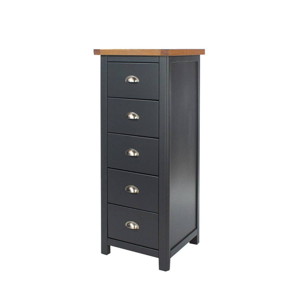 Dunkeld - 5 drawer narrow chest in midnight Blue with natural lacquer wood top - Price Crash Furniture