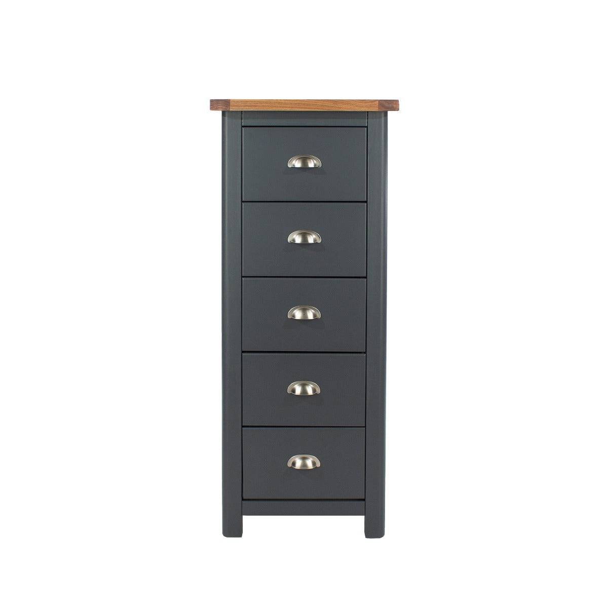 Dunkeld - 5 drawer narrow chest in midnight Blue with natural lacquer wood top - Price Crash Furniture