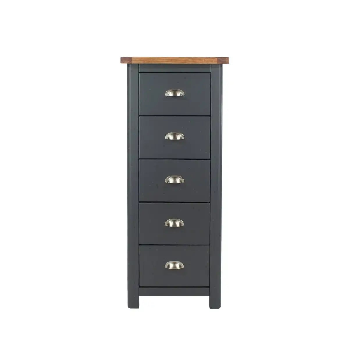 Dunkeld - 5 drawer narrow chest in midnight Blue with natural lacquer wood top - Price Crash Furniture