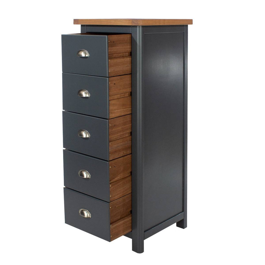 Dunkeld - 5 drawer narrow chest in midnight Blue with natural lacquer wood top - Price Crash Furniture