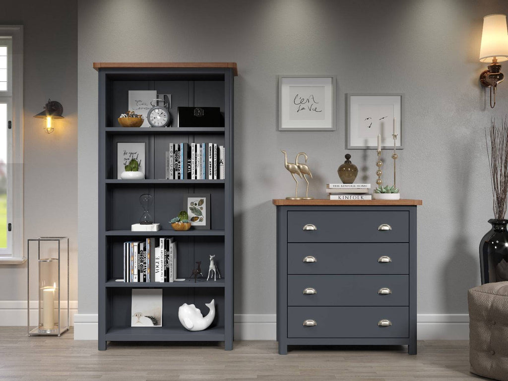 Dunkeld - tall bookcase in midnight Blue with natural lacquer wood top - Price Crash Furniture