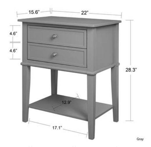 Franklin 2 Drawer Side Table Bedside Cabinet in Grey by Dorel - Price Crash Furniture