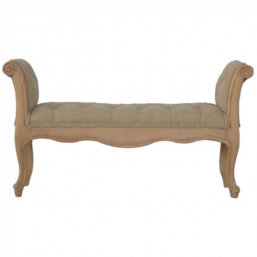 French Hand Carved Bedroom Bench Upholstered In Mud Linen - Price Crash Furniture