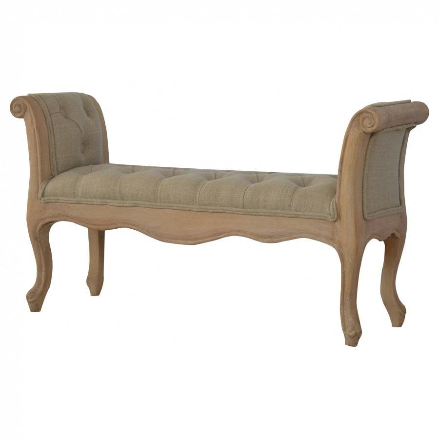 French Hand Carved Bedroom Bench Upholstered In Mud Linen - Price Crash Furniture