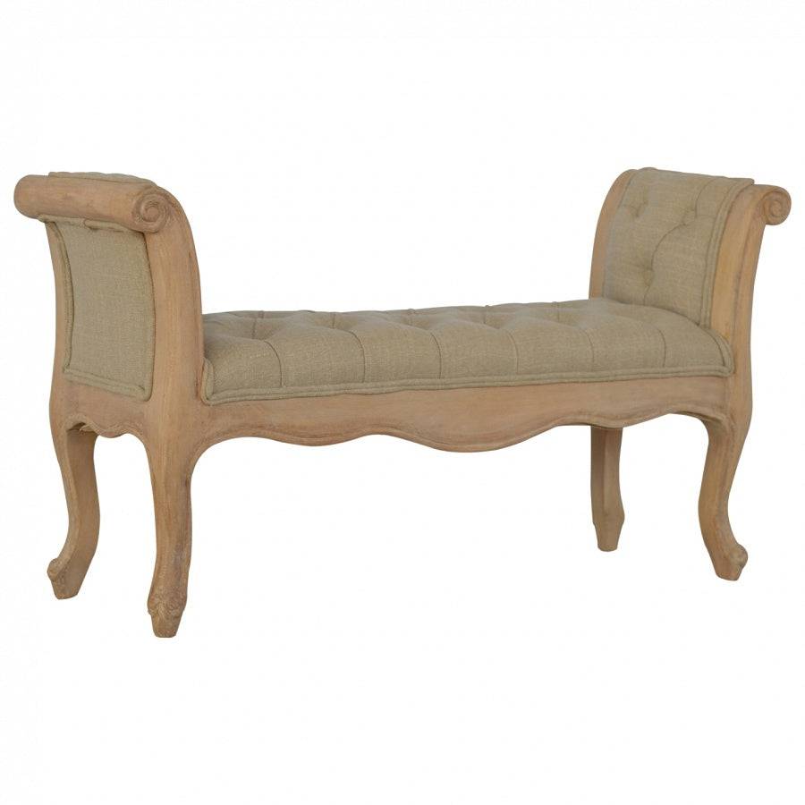 French Hand Carved Bedroom Bench Upholstered In Mud Linen - Price Crash Furniture