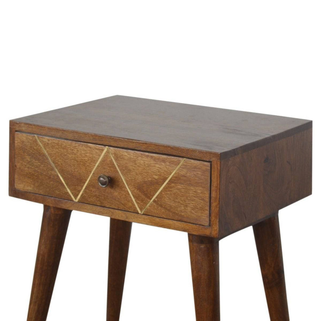 Geometric Brass Inlay 1 Drawer Bedside Table in Solid Mango Wood - Price Crash Furniture