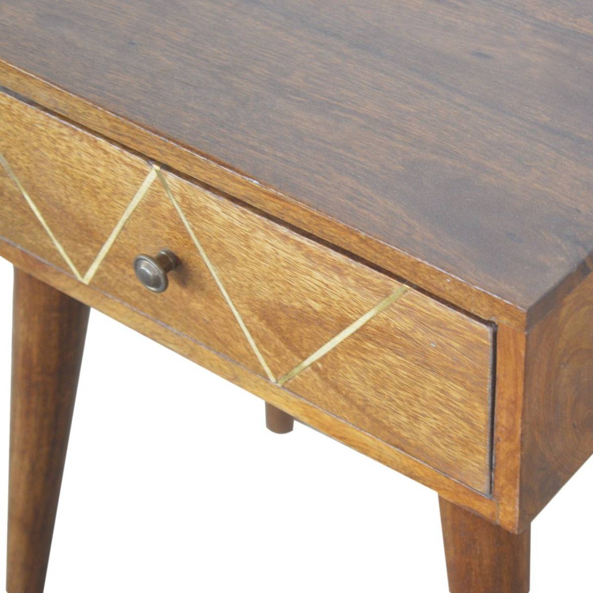 Geometric Brass Inlay 1 Drawer Bedside Table in Solid Mango Wood - Price Crash Furniture