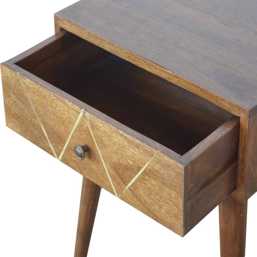 Geometric Brass Inlay 1 Drawer Bedside Table in Solid Mango Wood - Price Crash Furniture