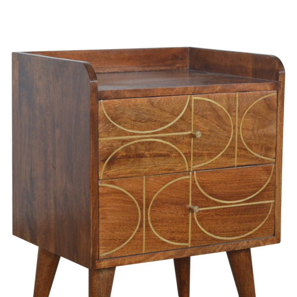 Gold Inlay Abstract Bedside Table in Chestnut-effect Solid Mango Wood - Price Crash Furniture