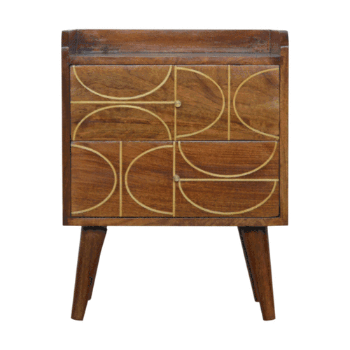 Gold Inlay Abstract Bedside Table in Chestnut-effect Solid Mango Wood - Price Crash Furniture