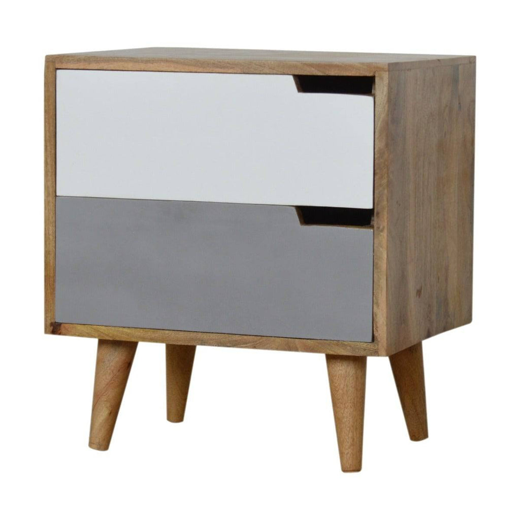 Grey Painted 2 Drawer Bedside Table with With Cut Out Slots in Oak-effect Solid Mango Wood - Price Crash Furniture