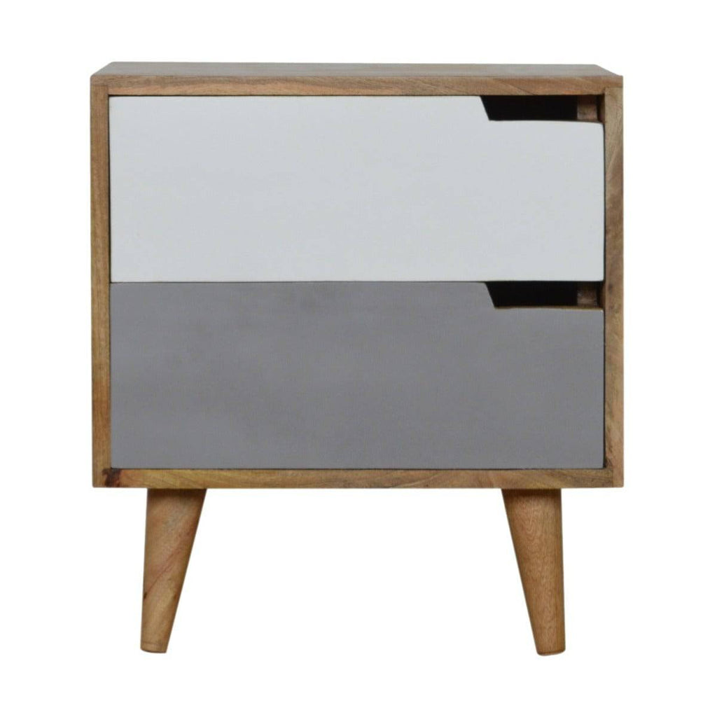 Grey Painted 2 Drawer Bedside Table with With Cut Out Slots in Oak-effect Solid Mango Wood - Price Crash Furniture