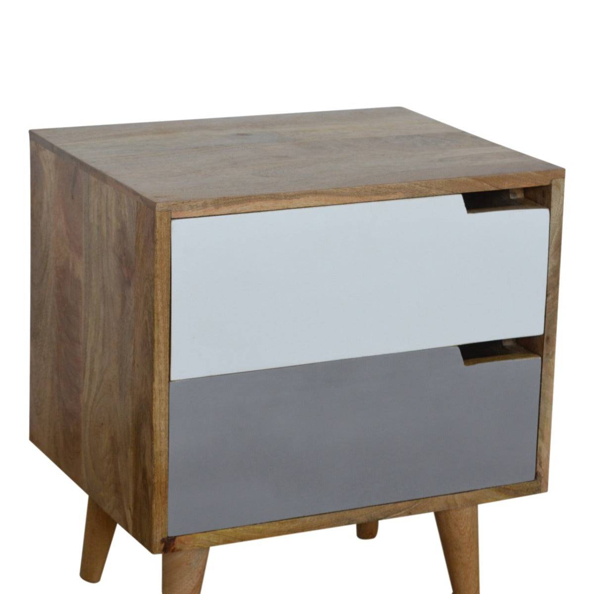 Grey Painted 2 Drawer Bedside Table with With Cut Out Slots in Oak-effect Solid Mango Wood - Price Crash Furniture