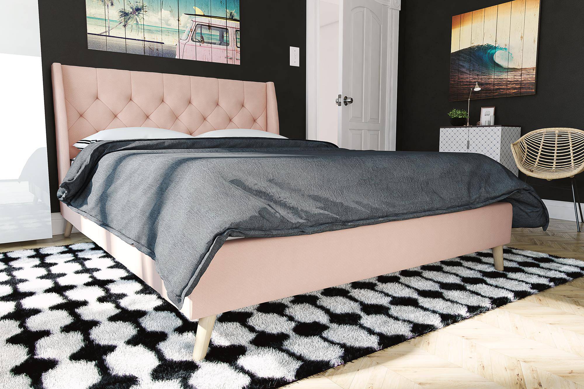 Her Majesty Linen Double Bed - in Pink by Dorel - Price Crash Furniture