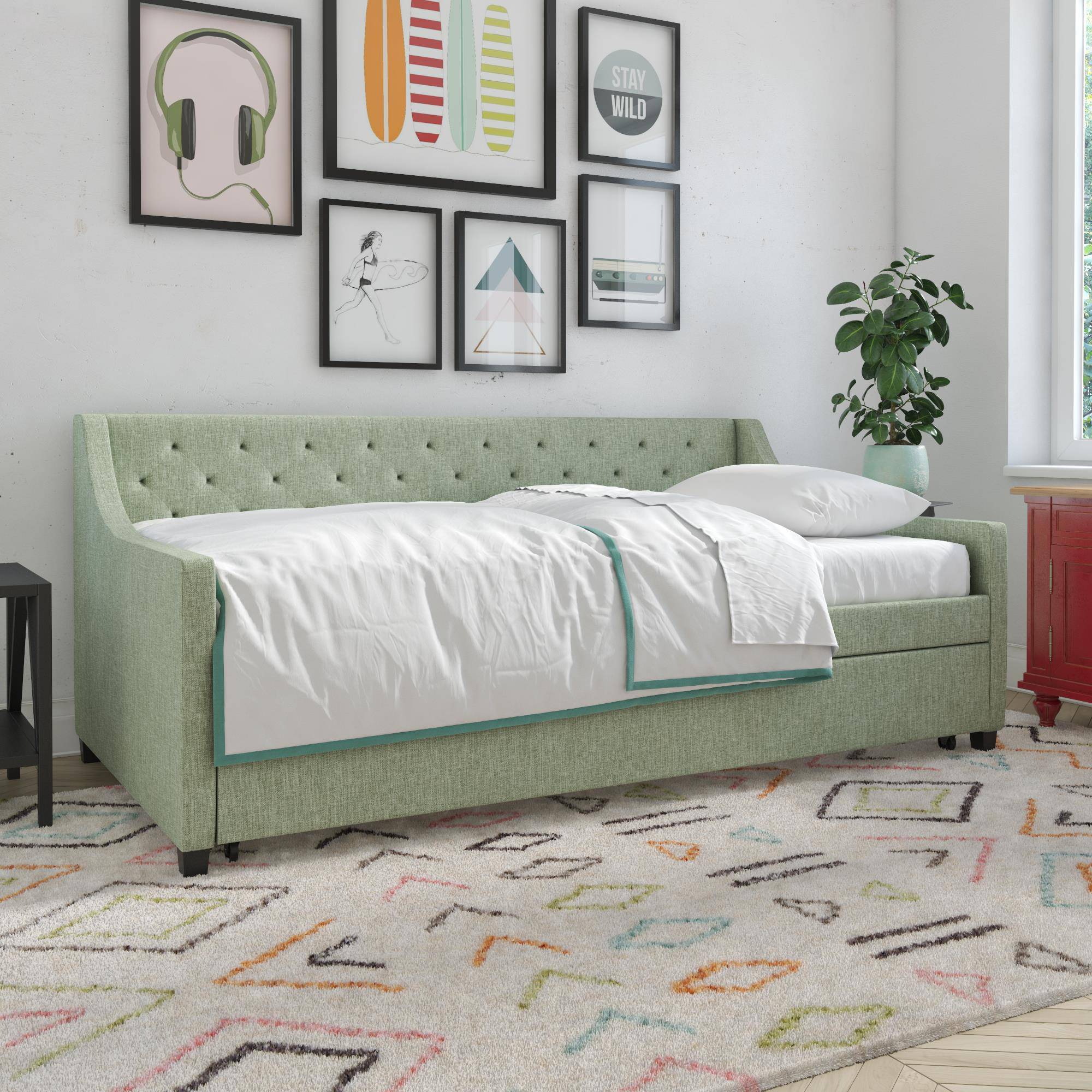 Her Majesty Single Daybed/Trundle Linen in Green by Dorel - Price Crash Furniture