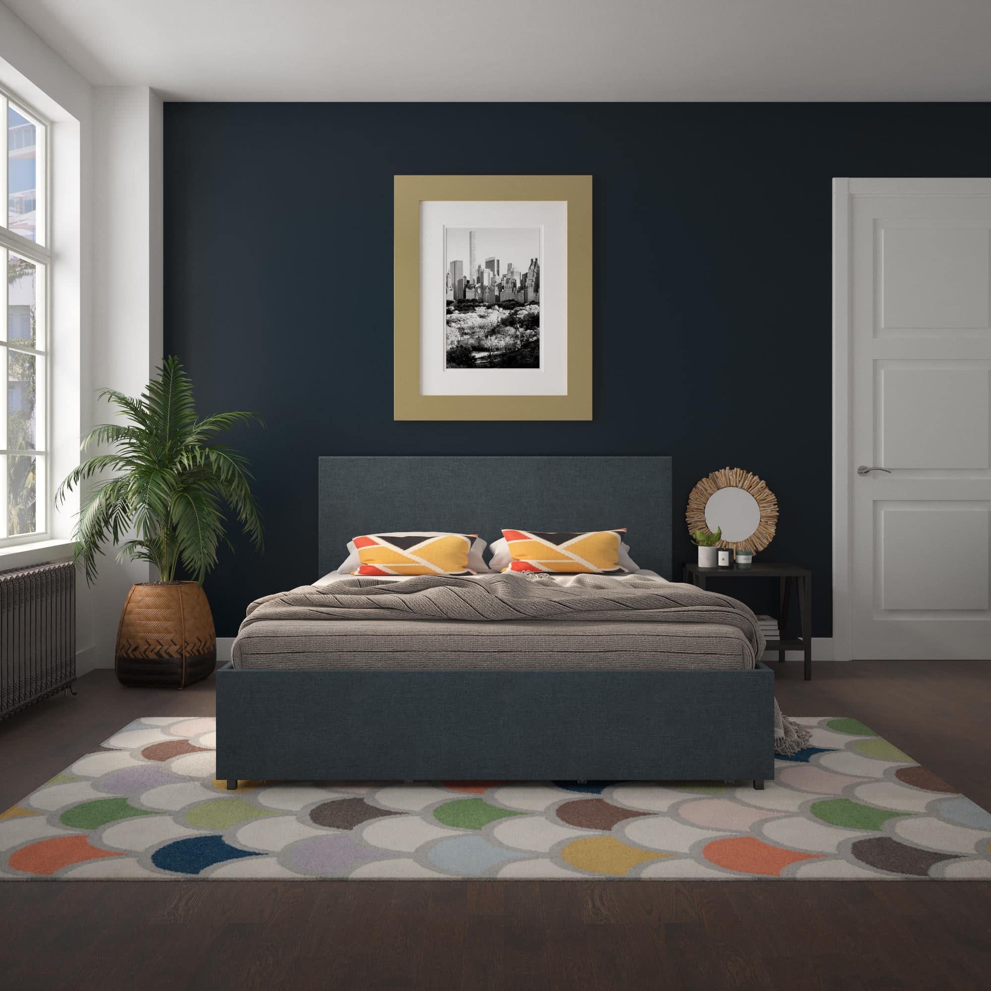 Kelly Linen Double Bed with 4 Drawer Storage - in Navy Blue by Dorel - Price Crash Furniture