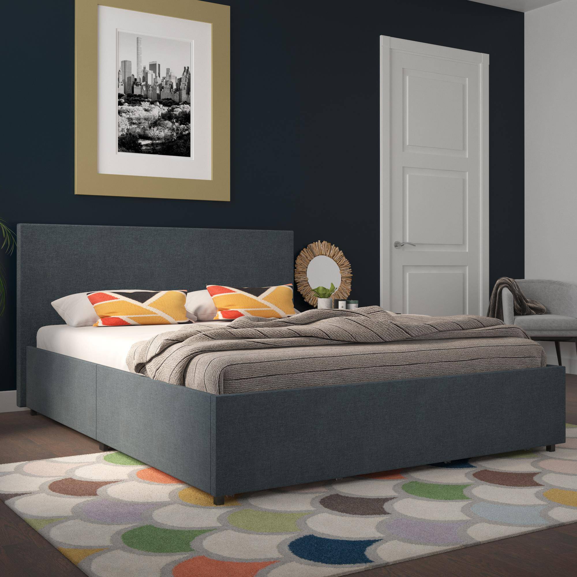 Kelly Linen Double Bed with 4 Drawer Storage - in Navy Blue by Dorel - Price Crash Furniture