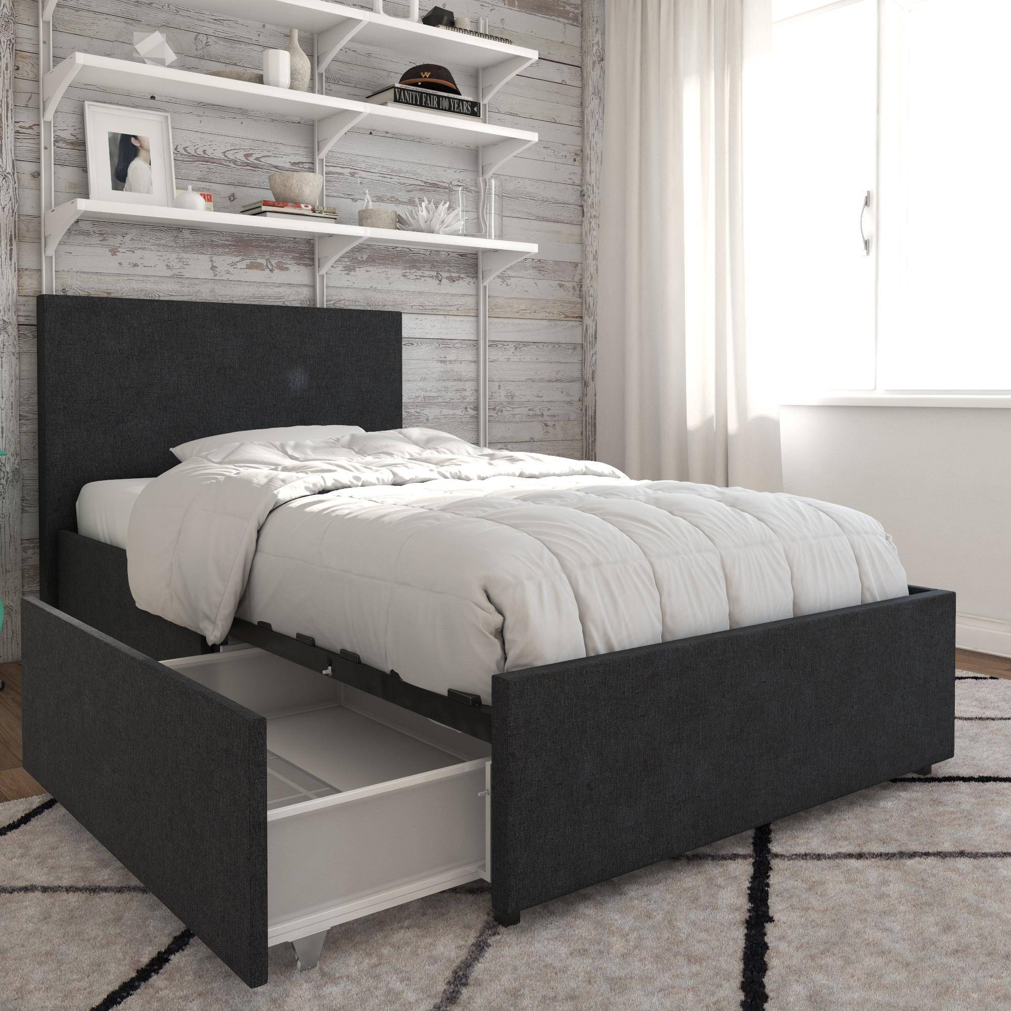 Kelly Linen Single Bed with 2 Drawer Storage - in Dark Grey by Dorel - Price Crash Furniture