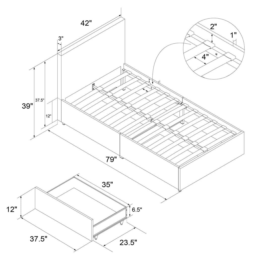 Kelly Linen Single Bed with 2 Drawer Storage - in Dark Grey by Dorel - Price Crash Furniture