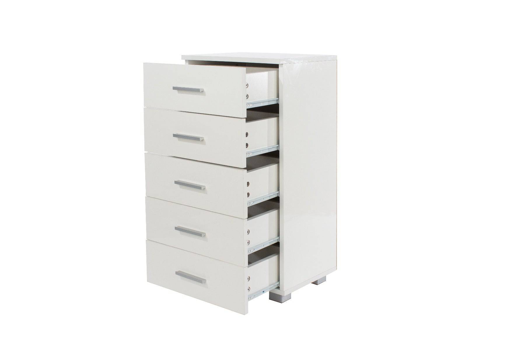 Lido - White high gloss 5 narrow compact chest of drawers - Price Crash Furniture