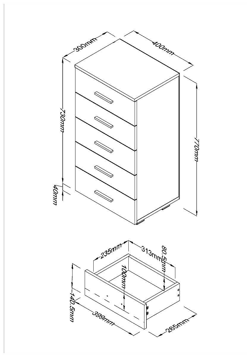 Lido - White high gloss 5 narrow compact chest of drawers - Price Crash Furniture