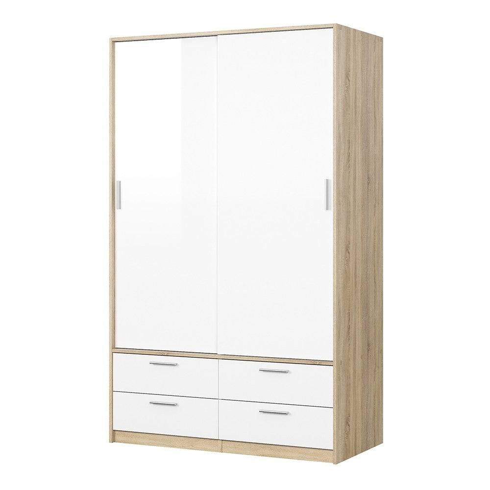 Line Wardrobe - 2 Doors 4 Drawers In Oak With White High Gloss - Price Crash Furniture