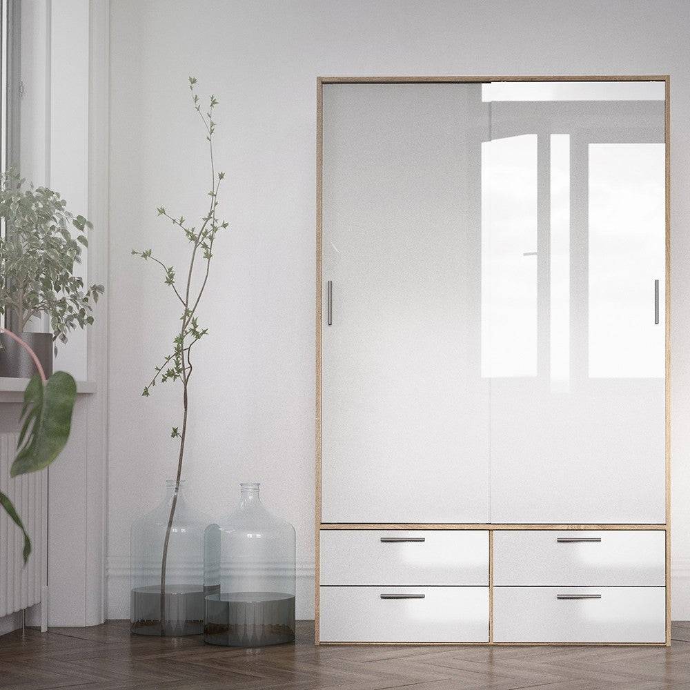 Line Wardrobe - 2 Doors 4 Drawers In Oak With White High Gloss - Price Crash Furniture