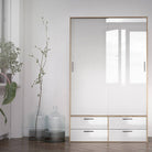 Line Wardrobe - 2 Doors 4 Drawers In Oak With White High Gloss - Price Crash Furniture