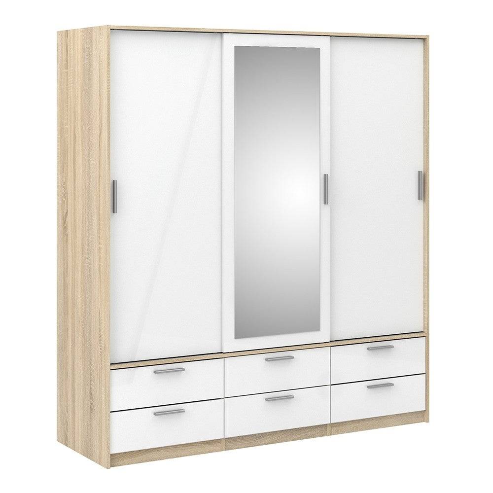 Line Wardrobe - 3 Doors 6 Drawers In Oak With White High Gloss - Price Crash Furniture