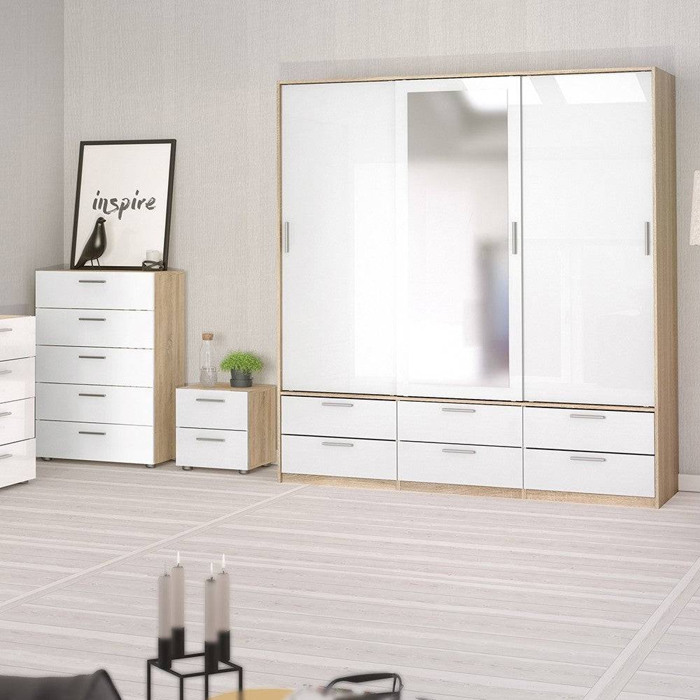 Line Wardrobe - 3 Doors 6 Drawers In Oak With White High Gloss - Price Crash Furniture