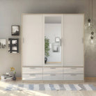 Line Wardrobe - 3 Doors 6 Drawers In Oak With White High Gloss - Price Crash Furniture