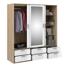 Line Wardrobe - 3 Doors 6 Drawers In Oak With White High Gloss - Price Crash Furniture