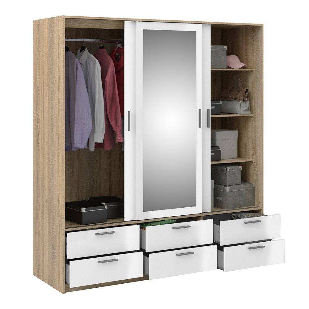 Line Wardrobe - 3 Doors 6 Drawers In Oak With White High Gloss - Price Crash Furniture