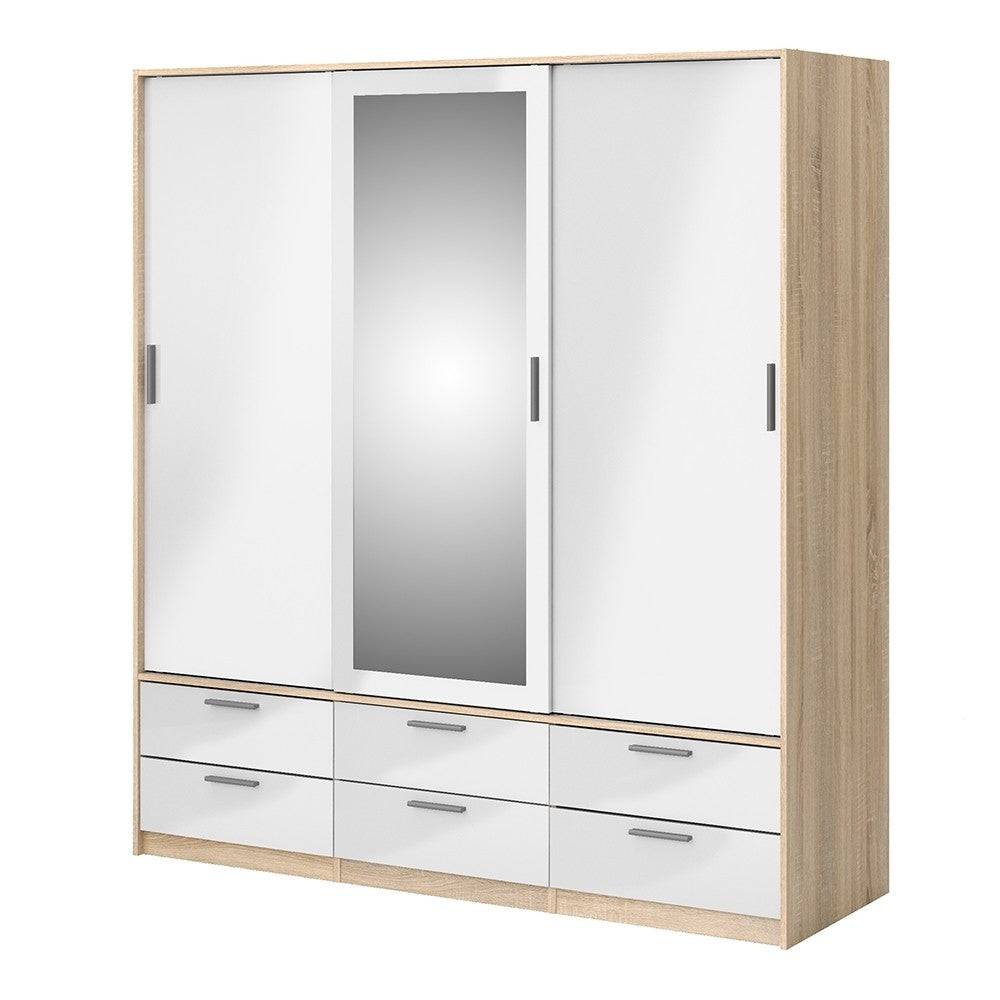 Line Wardrobe - 3 Doors 6 Drawers In Oak With White High Gloss - Price Crash Furniture