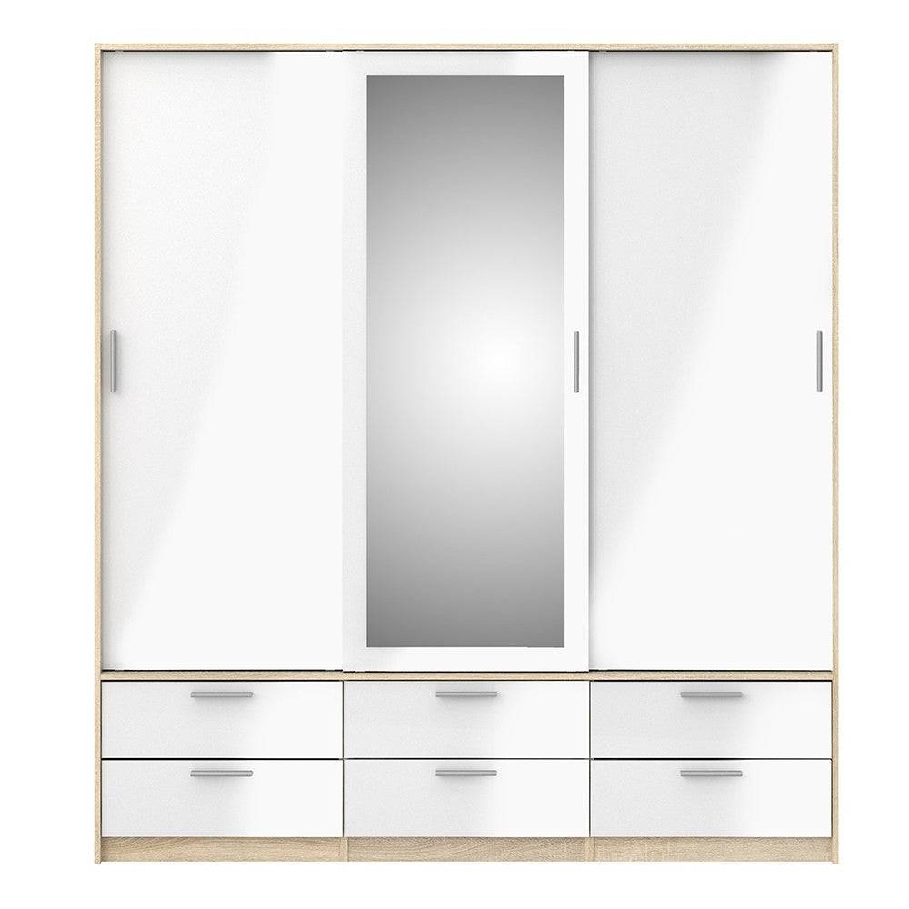 Line Wardrobe - 3 Doors 6 Drawers In Oak With White High Gloss - Price Crash Furniture