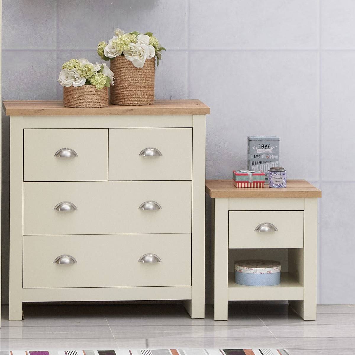 Lisbon 2 Piece Bedroom Set: 1 drawer bedside table + 4 drawer chest of drawers - Price Crash Furniture