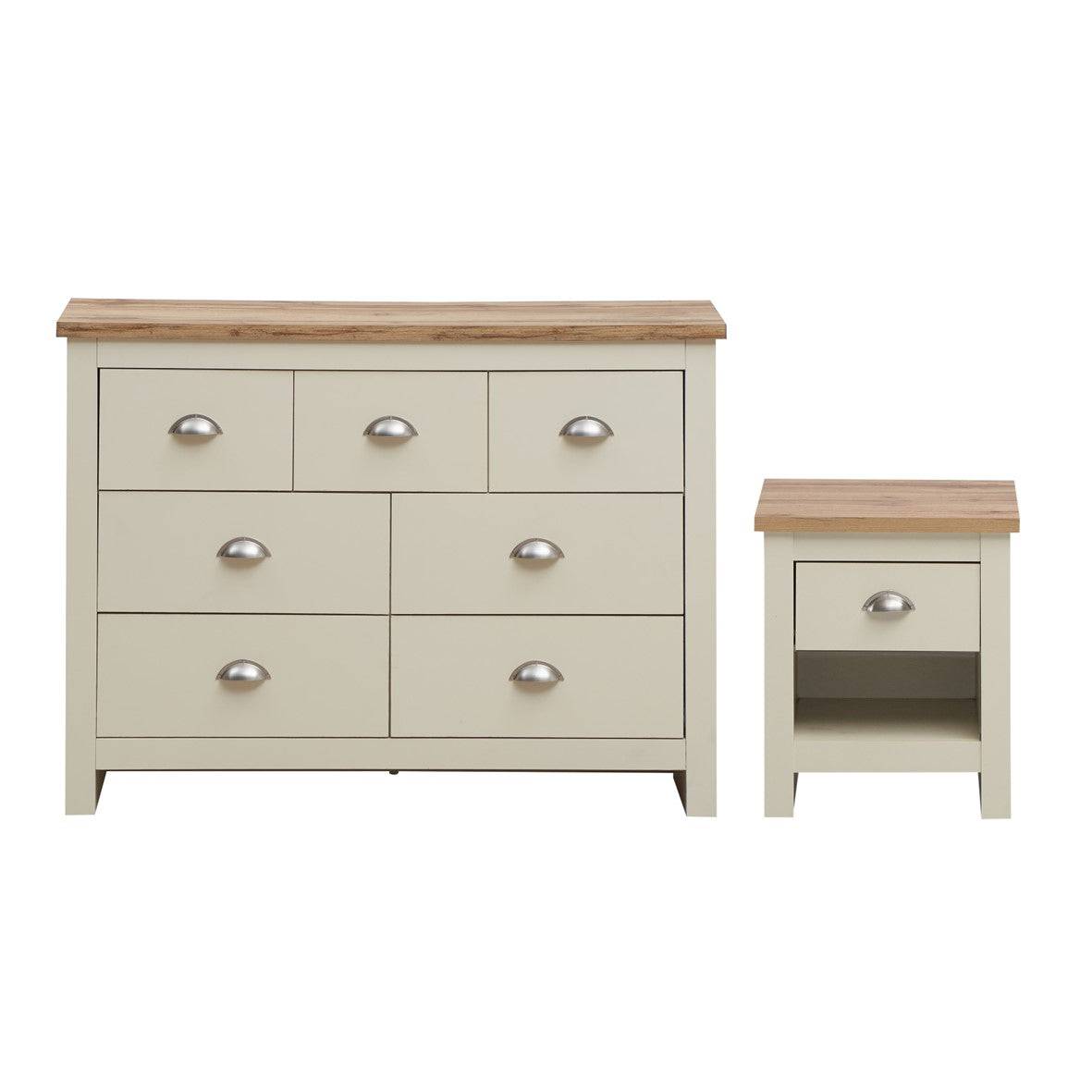 Lisbon 2 Piece Bedroom Set: 1 drawer bedside table + 7 drawer chest of drawers - Price Crash Furniture