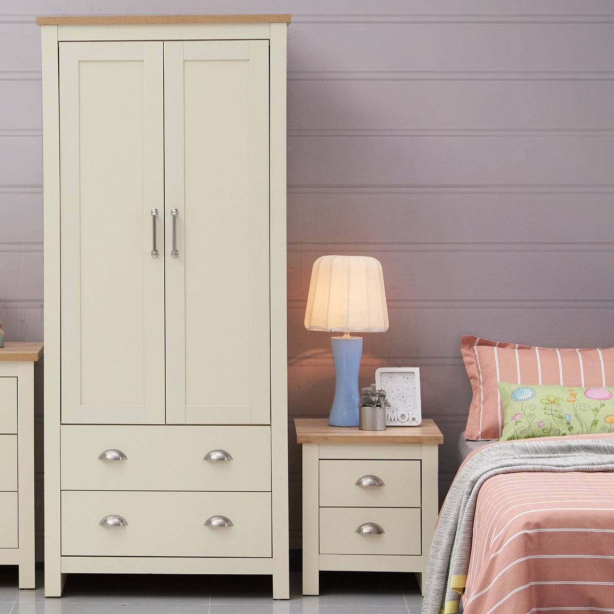 Lisbon 2 Piece Bedroom Set: 2 door wardrobe + 2 drawer bedside table - Price Crash Furniture