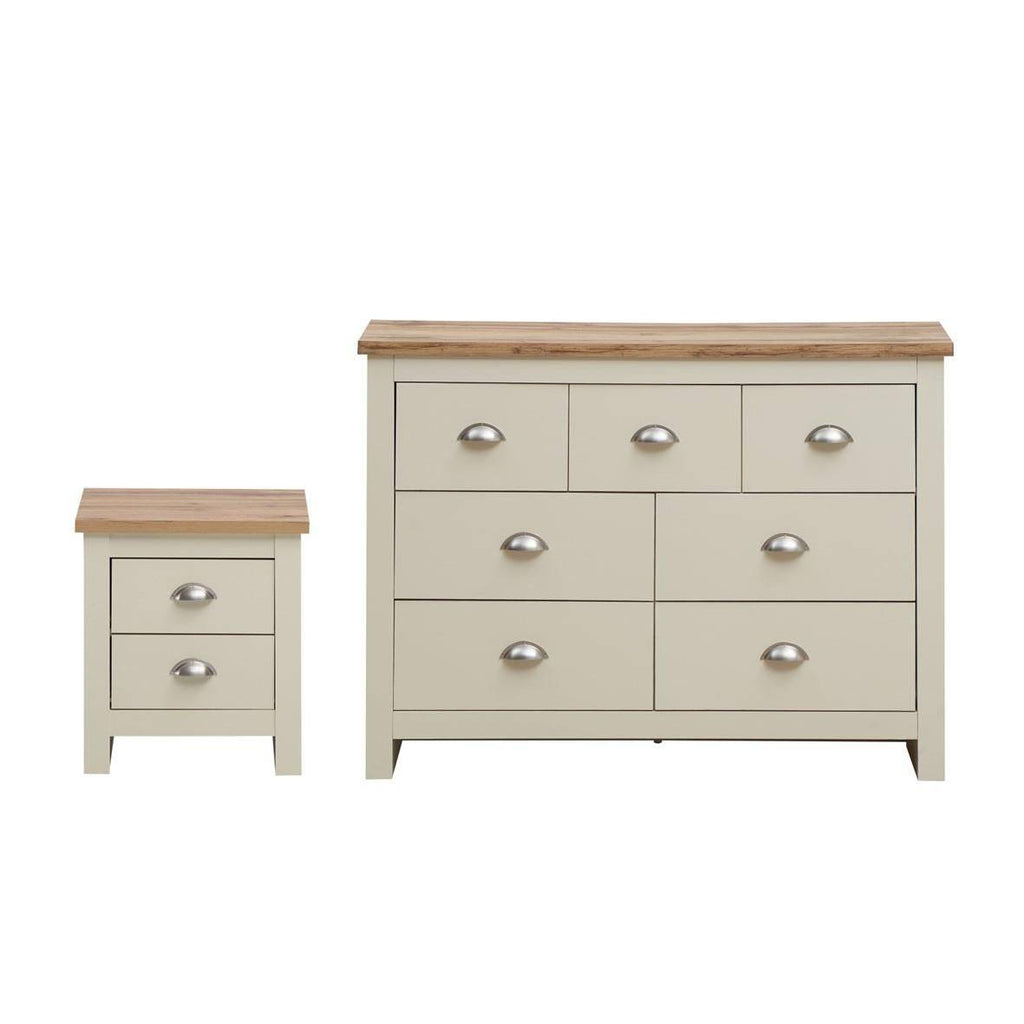 Lisbon 2 Piece Bedroom Set: 2 drawer bedside table + 7 drawer chest of drawers - Price Crash Furniture