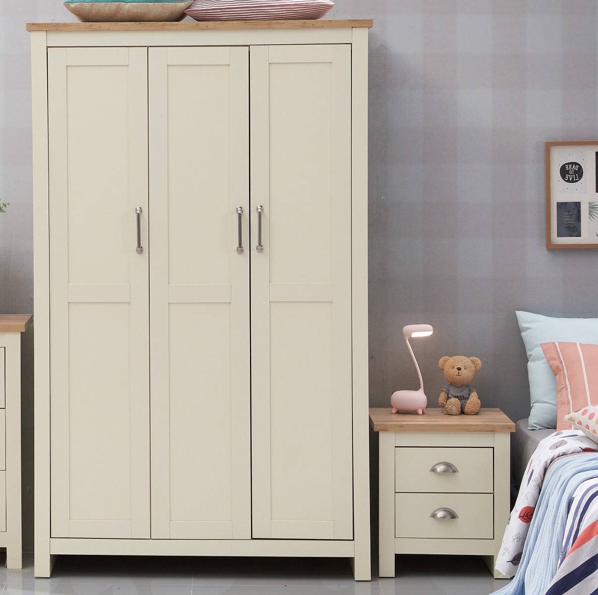 Lisbon 2 Piece Bedroom Set: 3 door wardrobe + 2 drawer bedside table - Price Crash Furniture